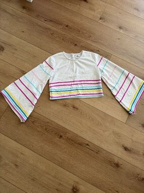 Lola + The Boys White Cropped Bell Sleeve Top with Pink, Blue, Yellow Stripes